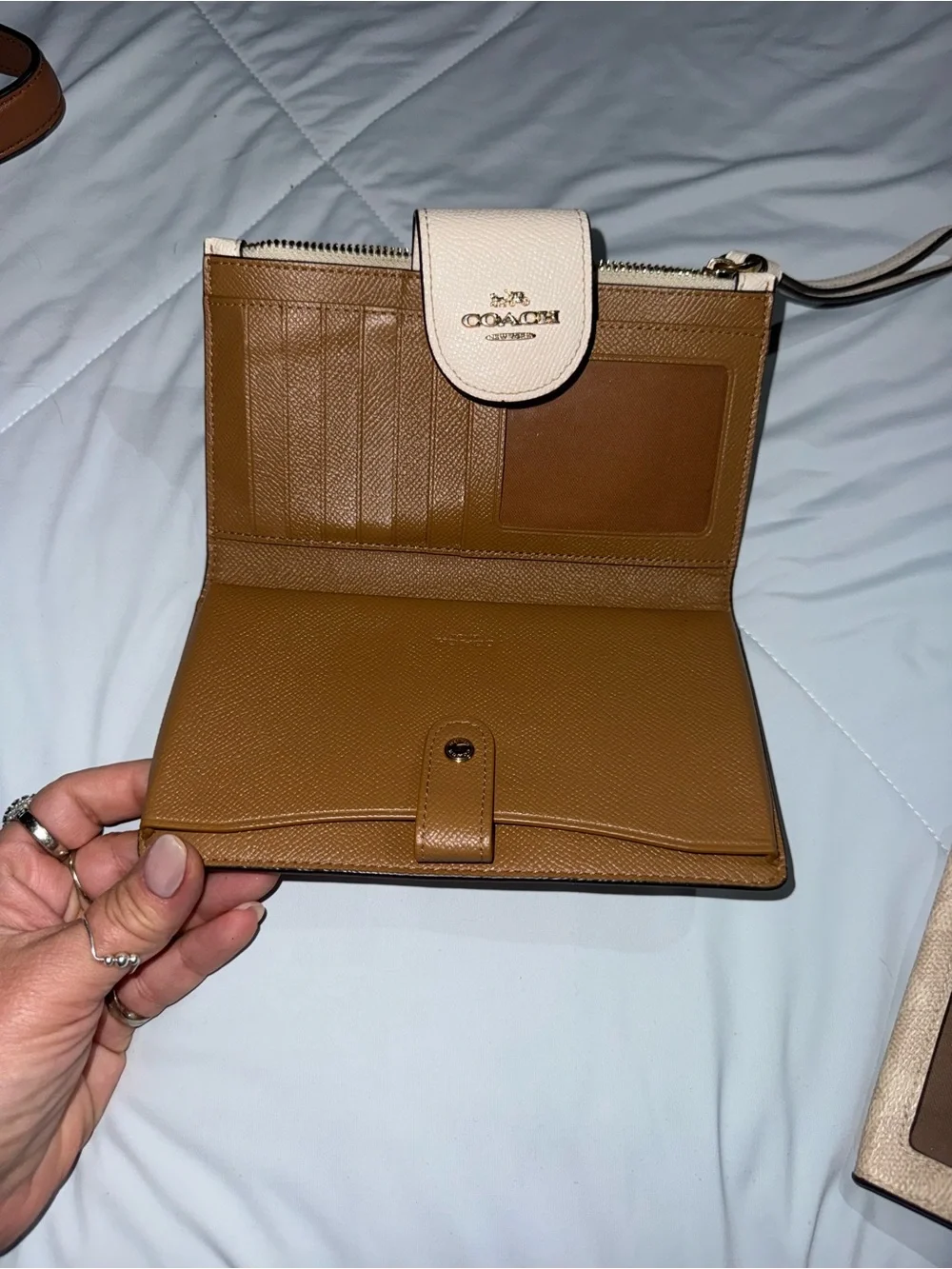Coach Pebbled Leather Wristlet Wallet in Light Cream with Gold Logo